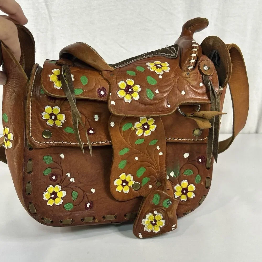 Hand Tooled Leather Saddle Purse Hand Painted Floral Western Shoulder Bag